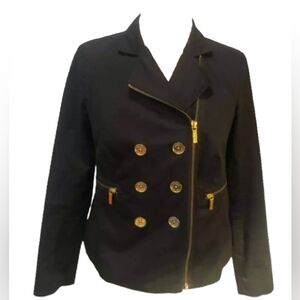Michael Michael Kors Black Gold Zip Buttons Women's Double Breasted Jacket
